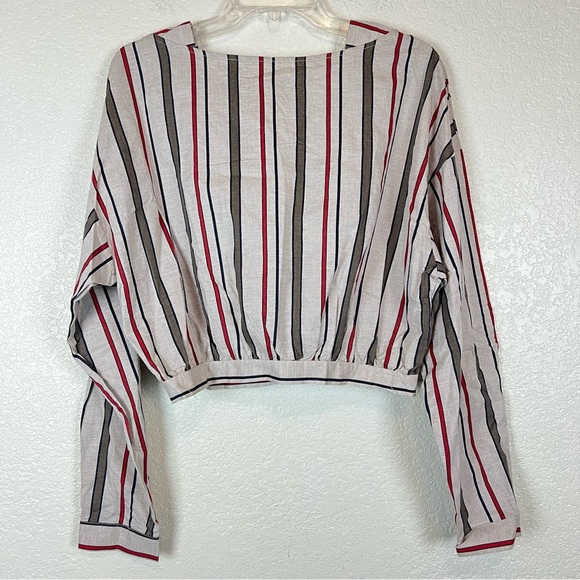 JOA Los Angeles Womens Crop Top Tan Stripped Long Sleeve Open Back Ties Large - Picture 1 of 8